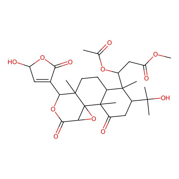 2D Structure of methyl (3S)-3-acetyloxy-3-[(1R,2R,5R,6R,7R,10S,11R,14S)-11-[(2S)-2-hydroxy-5-oxo-2H-furan-4-yl]-5-(2-hydroxypropan-2-yl)-2,6,10-trimethyl-3,13-dioxo-12,15-dioxatetracyclo[8.5.0.01,14.02,7]pentadecan-6-yl]propanoate