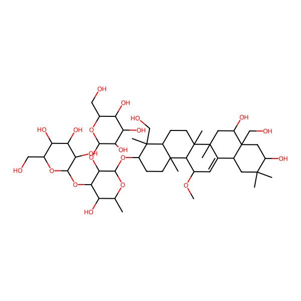 2D Structure of (2S,3R,4S,5S,6R)-2-[(2R,3R,4S,5S,6R)-2-[[(3S,4R,4aR,6aR,6bS,8S,8aS,10R,12aS,14R,14aR,14bS)-8,10-dihydroxy-4,8a-bis(hydroxymethyl)-14-methoxy-4,6a,6b,11,11,14b-hexamethyl-1,2,3,4a,5,6,7,8,9,10,12,12a,14,14a-tetradecahydropicen-3-yl]oxy]-5-hydroxy-6-methyl-3-[(2S,3R,4S,5S,6R)-3,4,5-trihydroxy-6-(hydroxymethyl)oxan-2-yl]oxyoxan-4-yl]oxy-6-(hydroxymethyl)oxane-3,4,5-triol