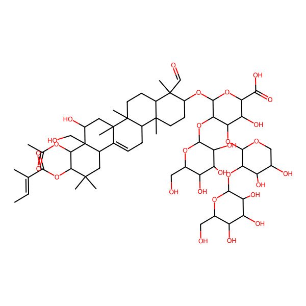 2D Structure of 6-[[9-Acetyloxy-4-formyl-8-hydroxy-8a-(hydroxymethyl)-4,6a,6b,11,11,14b-hexamethyl-10-(2-methylbut-2-enoyloxy)-1,2,3,4a,5,6,7,8,9,10,12,12a,14,14a-tetradecahydropicen-3-yl]oxy]-4-[4,5-dihydroxy-3-[3,4,5-trihydroxy-6-(hydroxymethyl)oxan-2-yl]oxyoxan-2-yl]oxy-3-hydroxy-5-[3,4,5-trihydroxy-6-(hydroxymethyl)oxan-2-yl]oxyoxane-2-carboxylic acid