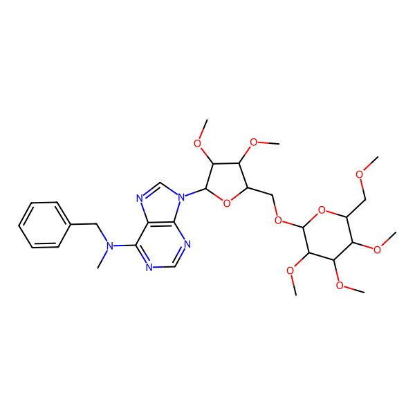 2D Structure of N-benzyl-9-[(2R,3R,4R,5R)-3,4-dimethoxy-5-[[(2R,3R,4S,5R,6R)-3,4,5-trimethoxy-6-(methoxymethyl)oxan-2-yl]oxymethyl]oxolan-2-yl]-N-methylpurin-6-amine