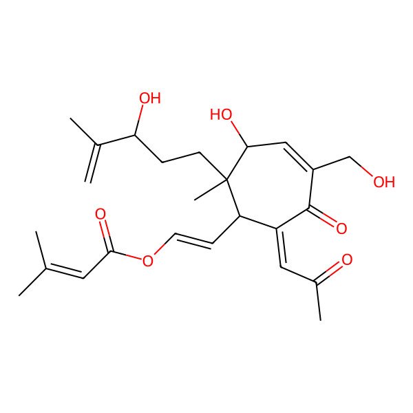 2D Structure of 2-[3-Hydroxy-5-(hydroxymethyl)-2-(3-hydroxy-4-methylpent-4-enyl)-2-methyl-6-oxo-7-(2-oxopropylidene)cyclohept-4-en-1-yl]ethenyl 3-methylbut-2-enoate
