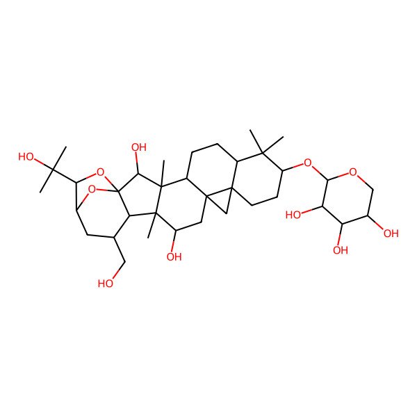 2D Structure of (2S,3R,4S,5S)-2-[[(1S,2R,3S,4R,7R,9S,12R,14R,16R,17R,18R,19R,21R,22S)-2,16-dihydroxy-19-(hydroxymethyl)-22-(2-hydroxypropan-2-yl)-3,8,8,17-tetramethyl-23,24-dioxaheptacyclo[19.2.1.01,18.03,17.04,14.07,12.012,14]tetracosan-9-yl]oxy]oxane-3,4,5-triol