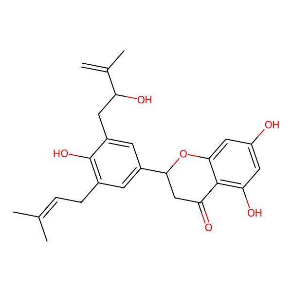 2D Structure of 5,7-Dihydroxy-2-[4-hydroxy-3-(2-hydroxy-3-methylbut-3-enyl)-5-(3-methylbut-2-enyl)phenyl]-2,3-dihydrochromen-4-one