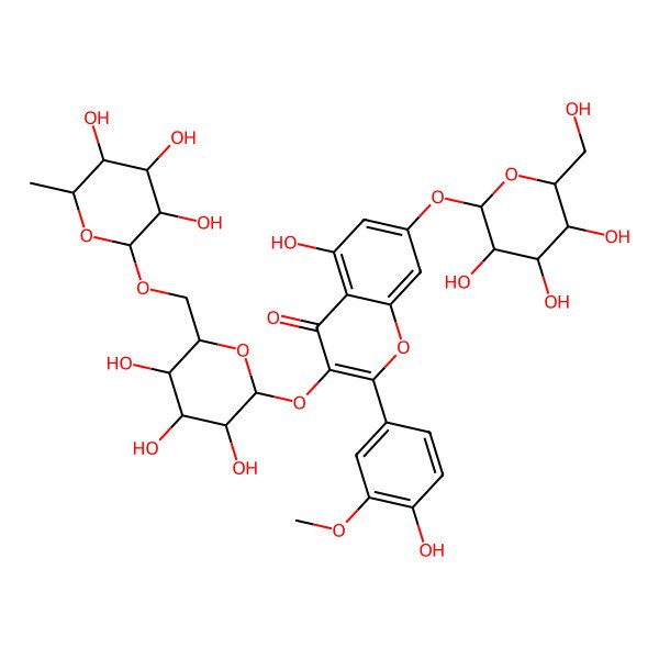 2D Structure of 5-Hydroxy-2-(4-hydroxy-3-methoxy-phenyl)-7-(3,4,5-trihydroxy-6-hydroxymethyl-tetrahydro-pyran-2-yloxy)-3-(3,4,5-trihydroxy-6-(3,4,5-trihydroxy-6-methyl-tetrahydro-pyran-2-yloxymethyl)-tetrahydro-pyran-2-yloxy)-1-benzopyran-4-one