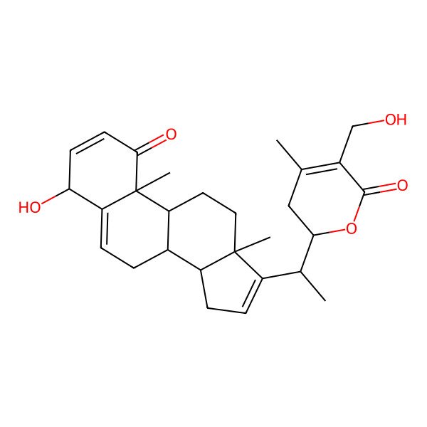 2D Structure of (2R)-2-[(1S)-1-[(4S,8S,9S,10R,13S,14S)-4-hydroxy-10,13-dimethyl-1-oxo-4,7,8,9,11,12,14,15-octahydrocyclopenta[a]phenanthren-17-yl]ethyl]-5-(hydroxymethyl)-4-methyl-2,3-dihydropyran-6-one