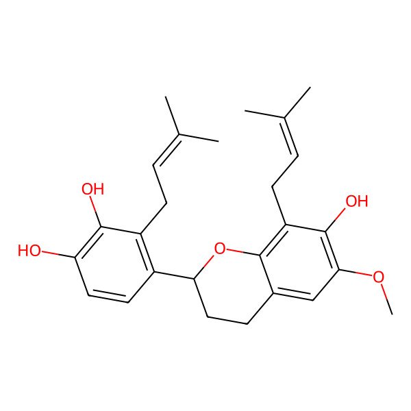2D Structure of 4-[7-hydroxy-6-methoxy-8-(3-methylbut-2-enyl)-3,4-dihydro-2H-chromen-2-yl]-3-(3-methylbut-2-enyl)benzene-1,2-diol