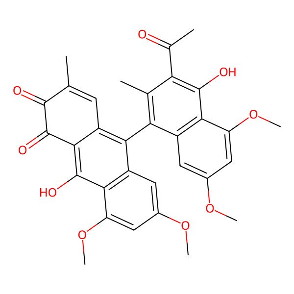 2D Structure of 10-(3-Acetyl-4-hydroxy-5,7-dimethoxy-2-methylnaphthalen-1-yl)-9-hydroxy-6,8-dimethoxy-3-methylanthracene-1,2-dione