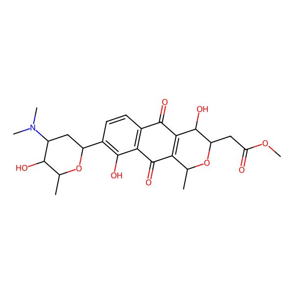 2D Structure of methyl 2-[(1R,3R,4R)-8-[(2R,4S,5S,6R)-4-(dimethylamino)-5-hydroxy-6-methyloxan-2-yl]-4,9-dihydroxy-1-methyl-5,10-dioxo-3,4-dihydro-1H-benzo[g]isochromen-3-yl]acetate