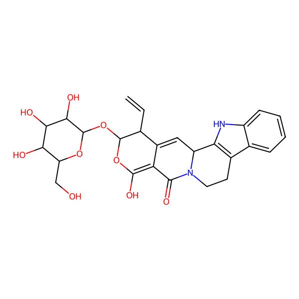 2D Structure of (1S,18S,19S)-19-ethenyl-16-hydroxy-18-[(2S,3R,4S,5S,6R)-3,4,5-trihydroxy-6-(hydroxymethyl)oxan-2-yl]oxy-17-oxa-3,13-diazapentacyclo[11.8.0.02,10.04,9.015,20]henicosa-2(10),4,6,8,15,20-hexaen-14-one