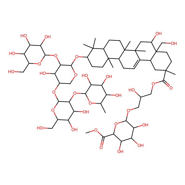 2D Structure of methyl (2S,3S,4S,5R,6S)-6-[(2S)-3-[(2S,4aS,5R,6aR,6aS,6bR,8aR,10S,12aR,14bS)-10-[(2S,3R,4S,5S)-5-[(2S,3R,4S,5S,6R)-4,5-dihydroxy-6-(hydroxymethyl)-3-[(2S,3R,4R,5R,6S)-3,4,5-trihydroxy-6-methyloxan-2-yl]oxyoxan-2-yl]oxy-4-hydroxy-3-[(2S,3R,4S,5S,6R)-3,4,5-trihydroxy-6-(hydroxymethyl)oxan-2-yl]oxyoxan-2-yl]oxy-5-hydroxy-4a-(hydroxymethyl)-2,6a,6b,9,9,12a-hexamethyl-1,3,4,5,6,6a,7,8,8a,10,11,12,13,14b-tetradecahydropicene-2-carbonyl]oxy-2-hydroxypropoxy]-3,4,5-trihydroxyoxane-2-carboxylate