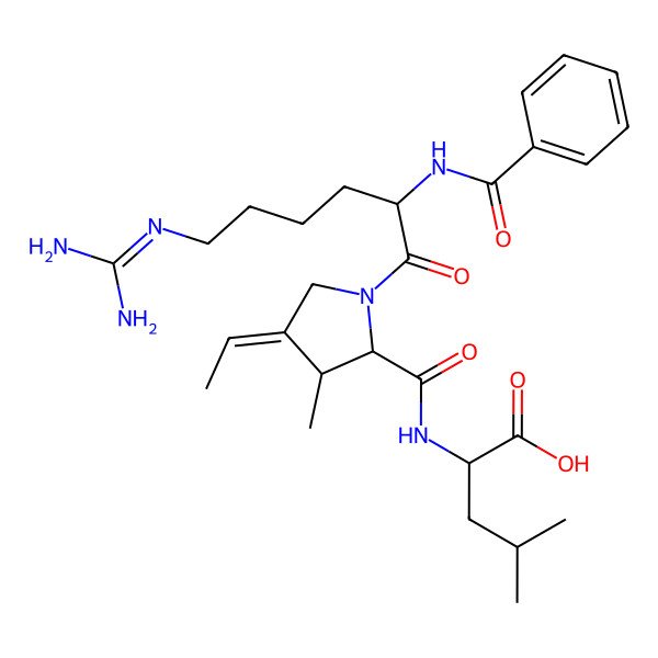 2D Structure of (S)-2-[[(2S,3R)-1-[(S)-2-(Benzoylamino)-6-guanidinohexanoyl]-3-methyl-4-[(Z)-ethylidene]-2-pyrrolidinyl]carbonylamino]-4-methylpentanoic acid