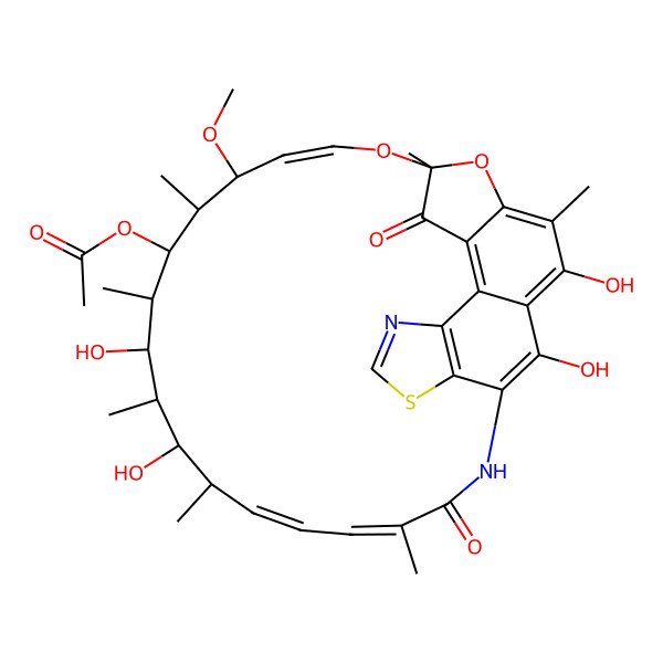 2D Structure of [(7R,9Z,11S,12R,13R,14S,15S,16R,17S,18R,19E,21E)-2,15,17,32-tetrahydroxy-11-methoxy-3,7,12,14,16,18,22-heptamethyl-6,23-dioxo-8,33-dioxa-27-thia-24,29-diazapentacyclo[23.6.1.14,7.05,31.026,30]tritriaconta-1(31),2,4,9,19,21,25(32),26(30),28-nonaen-13-yl] acetate