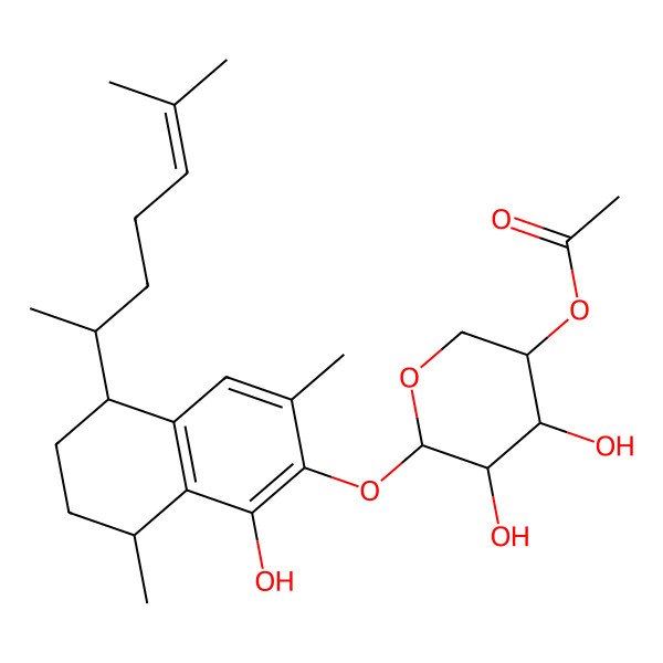 2D Structure of [(3S,4R,5R,6R)-4,5-dihydroxy-6-[[(5R,8S)-1-hydroxy-3,8-dimethyl-5-[(2S)-6-methylhept-5-en-2-yl]-5,6,7,8-tetrahydronaphthalen-2-yl]oxy]oxan-3-yl] acetate
