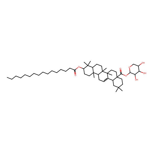 2D Structure of [(2S,3R,4S,5S)-3,4,5-trihydroxyoxan-2-yl] (4aS,6aR,6aS,6bR,8aR,10S,12aR,14bS)-10-hexadecanoyloxy-2,2,6a,6b,9,9,12a-heptamethyl-1,3,4,5,6,6a,7,8,8a,10,11,12,13,14b-tetradecahydropicene-4a-carboxylate