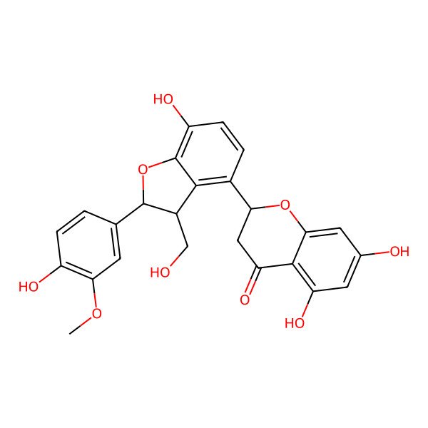 2D Structure of (2S)-5,7-dihydroxy-2-[(2R,3R)-7-hydroxy-2-(4-hydroxy-3-methoxyphenyl)-3-(hydroxymethyl)-2,3-dihydro-1-benzofuran-4-yl]-2,3-dihydrochromen-4-one