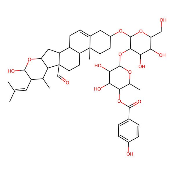 2D Structure of [(2S,3R,4S,5R,6S)-6-[(2R,3R,4S,5S,6R)-2-[[(1R,2S,4S,6R,7S,8S,9R,10R,13S,14R,17S)-10-formyl-6-hydroxy-8,14-dimethyl-7-(2-methylprop-1-enyl)-5-oxapentacyclo[11.8.0.02,10.04,9.014,19]henicos-19-en-17-yl]oxy]-4,5-dihydroxy-6-(hydroxymethyl)oxan-3-yl]oxy-4,5-dihydroxy-2-methyloxan-3-yl] 4-hydroxybenzoate