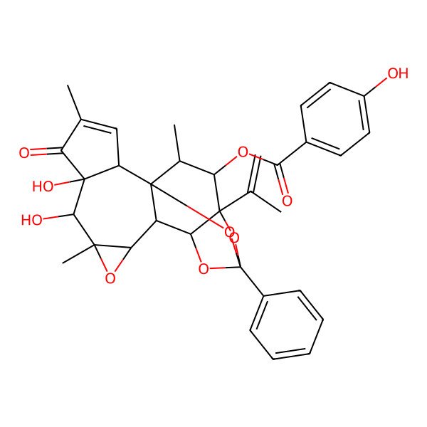 2D Structure of (6,7-Dihydroxy-4,8,18-trimethyl-5-oxo-14-phenyl-16-prop-1-en-2-yl-9,13,15,19-tetraoxahexacyclo[12.4.1.01,11.02,6.08,10.012,16]nonadec-3-en-17-yl) 4-hydroxybenzoate