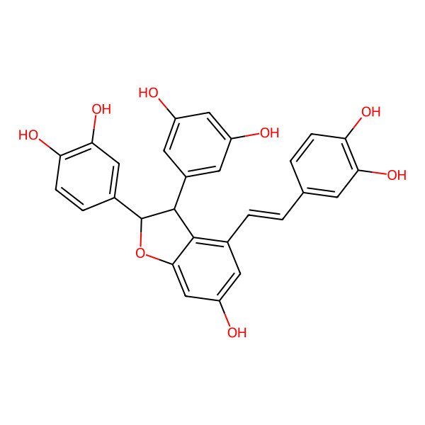2D Structure of 4-[(E)-2-[(2R,3R)-2-(3,4-dihydroxyphenyl)-3-(3,5-dihydroxyphenyl)-6-hydroxy-2,3-dihydrobenzofuran-4-yl]vinyl]benzene-1,2-diol