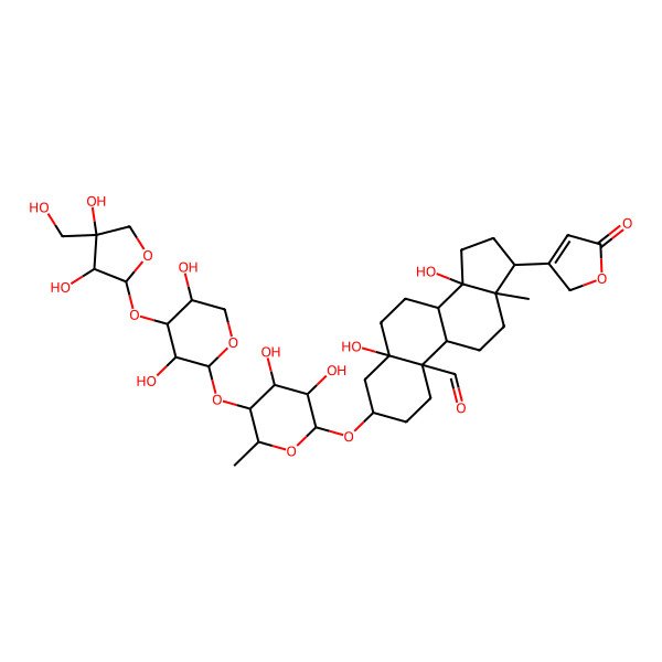 2D Structure of (3S,5S,8R,9S,10S,13R,14S,17R)-3-[(2R,3R,4S,5S,6R)-5-[(2S,3R,4S,5R)-4-[(2S,3R,4R)-3,4-dihydroxy-4-(hydroxymethyl)oxolan-2-yl]oxy-3,5-dihydroxyoxan-2-yl]oxy-3,4-dihydroxy-6-methyloxan-2-yl]oxy-5,14-dihydroxy-13-methyl-17-(5-oxo-2H-furan-3-yl)-2,3,4,6,7,8,9,11,12,15,16,17-dodecahydro-1H-cyclopenta[a]phenanthrene-10-carbaldehyde