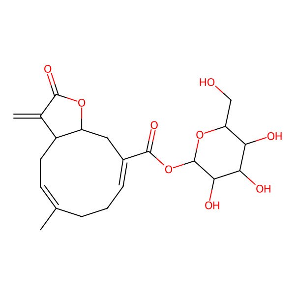 2D Structure of [(2S,3R,4S,5S,6R)-3,4,5-trihydroxy-6-(hydroxymethyl)oxan-2-yl] (3aR,5E,9Z,11aS)-6-methyl-3-methylidene-2-oxo-3a,4,7,8,11,11a-hexahydrocyclodeca[b]furan-10-carboxylate