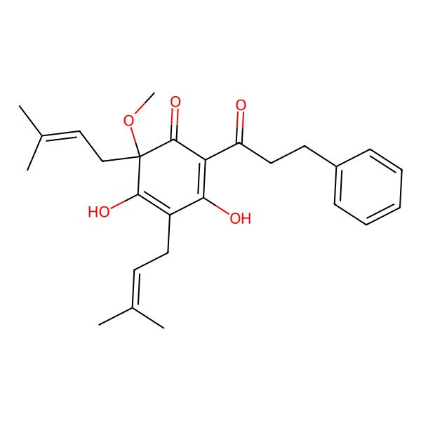 2D Structure of (6S)-3,5-dihydroxy-6-methoxy-4,6-bis(3-methylbut-2-enyl)-2-(3-phenylpropanoyl)cyclohexa-2,4-dien-1-one