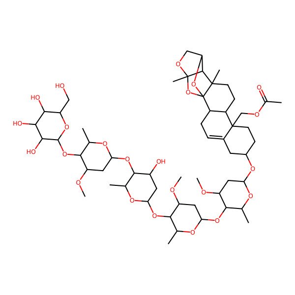 2D Structure of [(1S,2R,7S,10S,11S,14R,15R,16R,19S)-7-[5-[5-[4-hydroxy-5-[4-methoxy-6-methyl-5-[3,4,5-trihydroxy-6-(hydroxymethyl)oxan-2-yl]oxyoxan-2-yl]oxy-6-methyloxan-2-yl]oxy-4-methoxy-6-methyloxan-2-yl]oxy-4-methoxy-6-methyloxan-2-yl]oxy-14,16-dimethyl-17,20,21-trioxahexacyclo[14.4.1.01,14.02,11.05,10.015,19]henicos-4-en-10-yl]methyl acetate