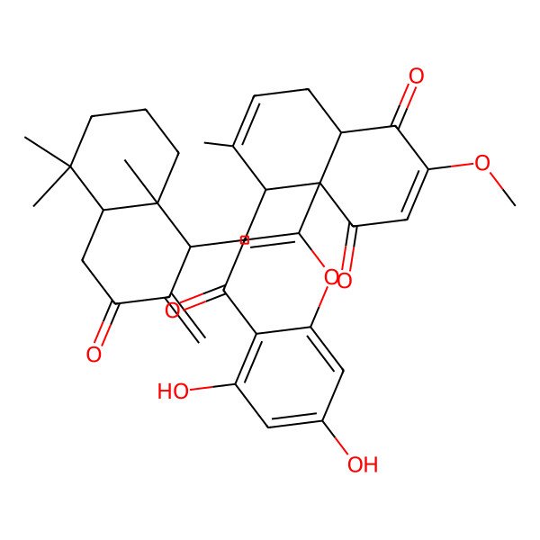 2D Structure of 8-[(5,5,8a-trimethyl-2-methylidene-3-oxo-1,4,4a,6,7,8-hexahydronaphthalen-1-yl)methyl]-8a-(5,7-dihydroxy-4-oxochromen-2-yl)-3-methoxy-7-methyl-5,8-dihydro-4aH-naphthalene-1,4-dione