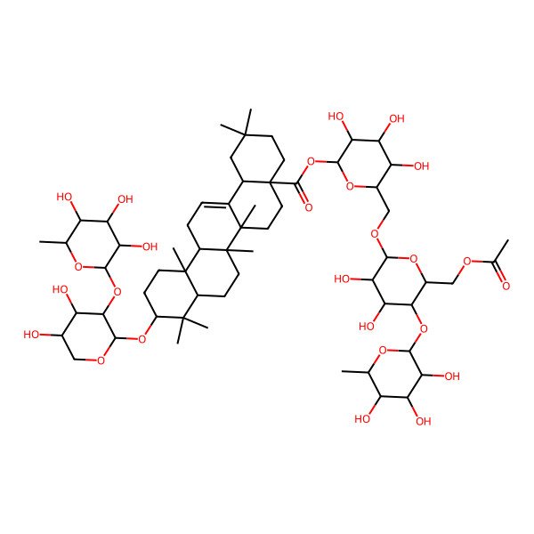 2D Structure of [(2S,3R,4S,5S,6R)-6-[[(2R,3R,4R,5S,6R)-6-(acetyloxymethyl)-3,4-dihydroxy-5-[(2S,3R,4R,5R,6S)-3,4,5-trihydroxy-6-methyloxan-2-yl]oxyoxan-2-yl]oxymethyl]-3,4,5-trihydroxyoxan-2-yl] (4aS,6aR,6aS,6bR,8aR,10S,12aR,14bS)-10-[(2R,3R,4S,5S)-4,5-dihydroxy-3-[(2S,3R,4R,5R,6S)-3,4,5-trihydroxy-6-methyloxan-2-yl]oxyoxan-2-yl]oxy-2,2,6a,6b,9,9,12a-heptamethyl-1,3,4,5,6,6a,7,8,8a,10,11,12,13,14b-tetradecahydropicene-4a-carboxylate