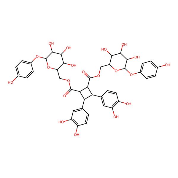 2D Structure of bis[[(2R,3S,4S,5R,6S)-3,4,5-trihydroxy-6-(4-hydroxyphenoxy)oxan-2-yl]methyl] (1R,2R,3R,4R)-3,4-bis(3,4-dihydroxyphenyl)cyclobutane-1,2-dicarboxylate