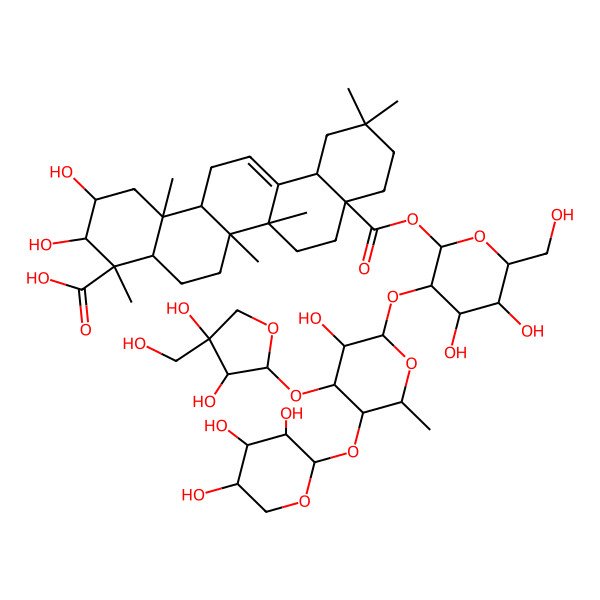 2D Structure of (2S,3R,4S,4aR,6aR,6bS,8aS,12aS,14aR,14bR)-8a-[(2S,3R,4S,5S,6R)-3-[(2S,3R,4S,5S,6S)-4-[(2S,3R,4R)-3,4-dihydroxy-4-(hydroxymethyl)oxolan-2-yl]oxy-3-hydroxy-6-methyl-5-[(2S,3R,4S,5R)-3,4,5-trihydroxyoxan-2-yl]oxyoxan-2-yl]oxy-4,5-dihydroxy-6-(hydroxymethyl)oxan-2-yl]oxycarbonyl-2,3-dihydroxy-4,6a,6b,11,11,14b-hexamethyl-1,2,3,4a,5,6,7,8,9,10,12,12a,14,14a-tetradecahydropicene-4-carboxylic acid