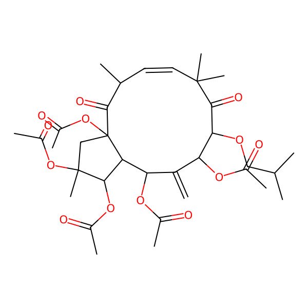2D Structure of [(1R,2R,3aR,5R,6E,10R,11S,13R,13aS)-1,2,3a,11-tetraacetyloxy-2,5,8,8-tetramethyl-12-methylidene-10-(2-methylpropoxy)-4,9-dioxo-3,5,10,11,13,13a-hexahydro-1H-cyclopenta[12]annulen-13-yl] acetate
