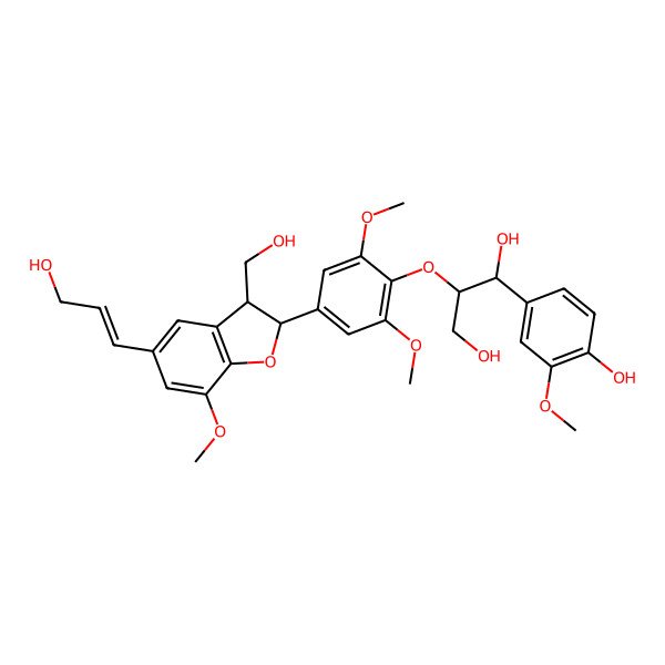 2D Structure of (1R,2S)-1-(4-hydroxy-3-methoxyphenyl)-2-[4-[(2S,3S)-3-(hydroxymethyl)-5-[(E)-3-hydroxyprop-1-enyl]-7-methoxy-2,3-dihydro-1-benzofuran-2-yl]-2,6-dimethoxyphenoxy]propane-1,3-diol