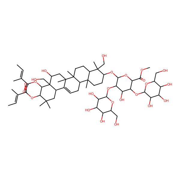 2D Structure of methyl (2S,3S,4S,5R,6R)-6-[[(3S,4S,4aR,6aR,6bS,8R,8aR,9R,10R,12aS,14aR,14bR)-8-hydroxy-4,8a-bis(hydroxymethyl)-4,6a,6b,11,11,14b-hexamethyl-9,10-bis[[(E)-2-methylbut-2-enoyl]oxy]-1,2,3,4a,5,6,7,8,9,10,12,12a,14,14a-tetradecahydropicen-3-yl]oxy]-4-hydroxy-3,5-bis[[(2S,3R,4S,5S,6R)-3,4,5-trihydroxy-6-(hydroxymethyl)oxan-2-yl]oxy]oxane-2-carboxylate
