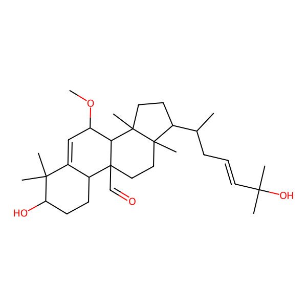 2D Structure of (3S,7S,8R,9R,10R,13R,14S,17R)-3-hydroxy-17-[(E,2R)-6-hydroxy-6-methylhept-4-en-2-yl]-7-methoxy-4,4,13,14-tetramethyl-2,3,7,8,10,11,12,15,16,17-decahydro-1H-cyclopenta[a]phenanthrene-9-carbaldehyde