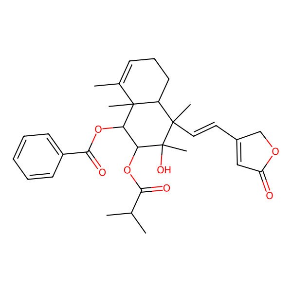 2D Structure of [(1R,2S,3R,4R,4aS,8aR)-3-hydroxy-3,4,8,8a-tetramethyl-2-(2-methylpropanoyloxy)-4-[(E)-2-(5-oxo-2H-furan-3-yl)ethenyl]-2,4a,5,6-tetrahydro-1H-naphthalen-1-yl] benzoate