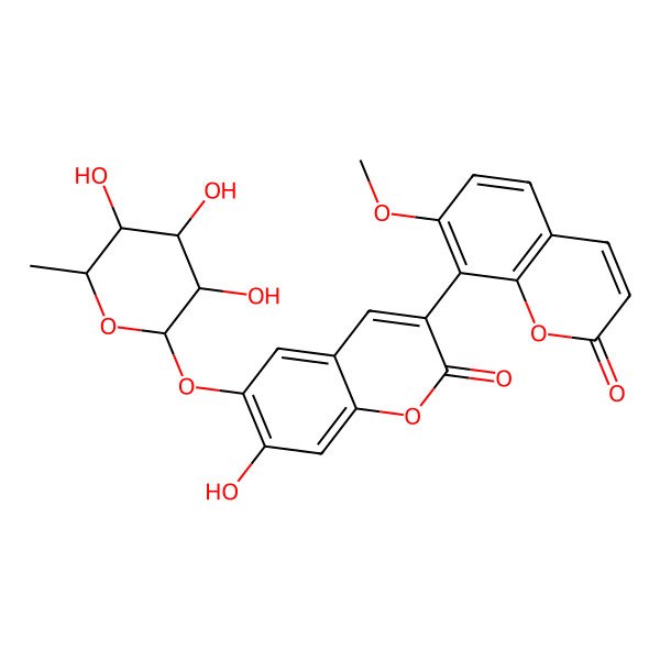 2D Structure of 7-hydroxy-3-(7-methoxy-2-oxochromen-8-yl)-6-[(2S,3R,4R,5R,6S)-3,4,5-trihydroxy-6-methyloxan-2-yl]oxychromen-2-one