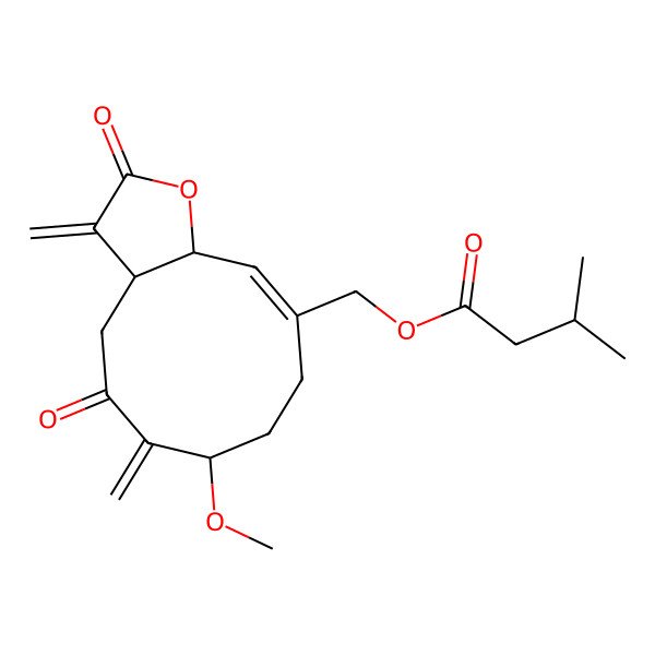 2D Structure of [(3aS,7R,10Z,11aR)-7-methoxy-3,6-dimethylidene-2,5-dioxo-3a,4,7,8,9,11a-hexahydrocyclodeca[b]furan-10-yl]methyl 3-methylbutanoate