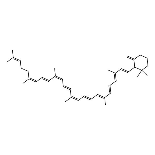 2D Structure of (2R)-2-[(1E,3E,5E,7E,9E,11E,13E,15E,17E,19E)-3,7,12,16,20,24-hexamethylpentacosa-1,3,5,7,9,11,13,15,17,19,23-undecaenyl]-1,1-dimethyl-3-methylidenecyclohexane
