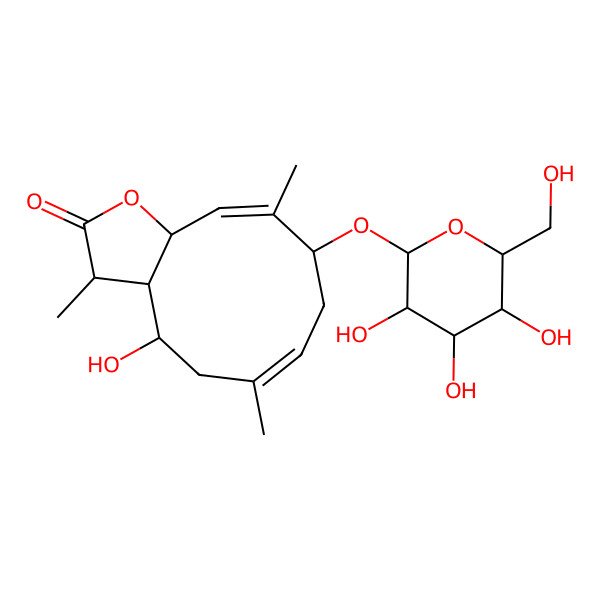 2D Structure of 4-hydroxy-3,6,10-trimethyl-9-[3,4,5-trihydroxy-6-(hydroxymethyl)oxan-2-yl]oxy-3a,4,5,8,9,11a-hexahydro-3H-cyclodeca[b]furan-2-one