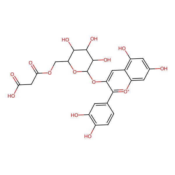 2D Structure of 3-[[(2R,3S,4R,5R,6S)-6-[2-(3,4-dihydroxyphenyl)-5,7-dihydroxychromenylium-3-yl]oxy-3,4,5-trihydroxyoxan-2-yl]methoxy]-3-oxopropanoic acid