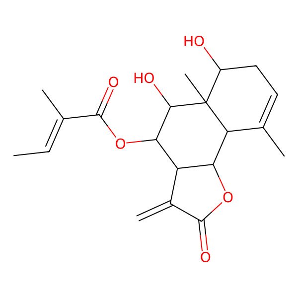 2D Structure of (5,6-dihydroxy-5a,9-dimethyl-3-methylidene-2-oxo-4,5,6,7,9a,9b-hexahydro-3aH-benzo[g][1]benzofuran-4-yl) 2-methylbut-2-enoate
