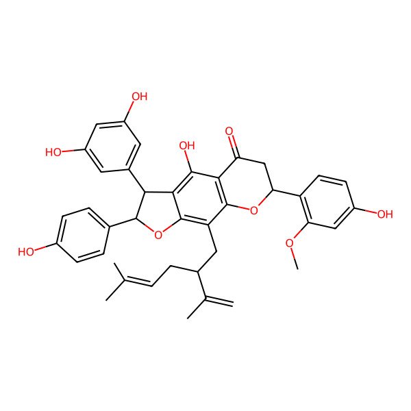 2D Structure of (2S,3S,7S)-3-(3,5-dihydroxyphenyl)-4-hydroxy-7-(4-hydroxy-2-methoxyphenyl)-2-(4-hydroxyphenyl)-9-[(2R)-5-methyl-2-prop-1-en-2-ylhex-4-enyl]-2,3,6,7-tetrahydrofuro[3,2-g]chromen-5-one