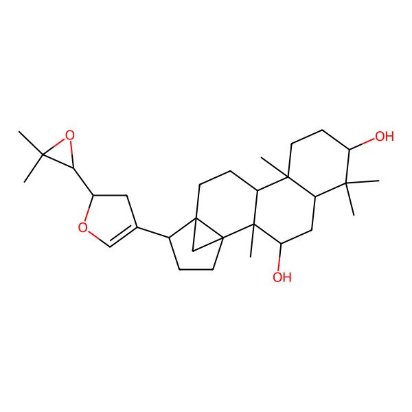 2D Structure of 15-[2-(3,3-Dimethyloxiran-2-yl)-2,3-dihydrofuran-4-yl]-2,6,6,10-tetramethylpentacyclo[12.3.1.01,14.02,11.05,10]octadecane-3,7-diol