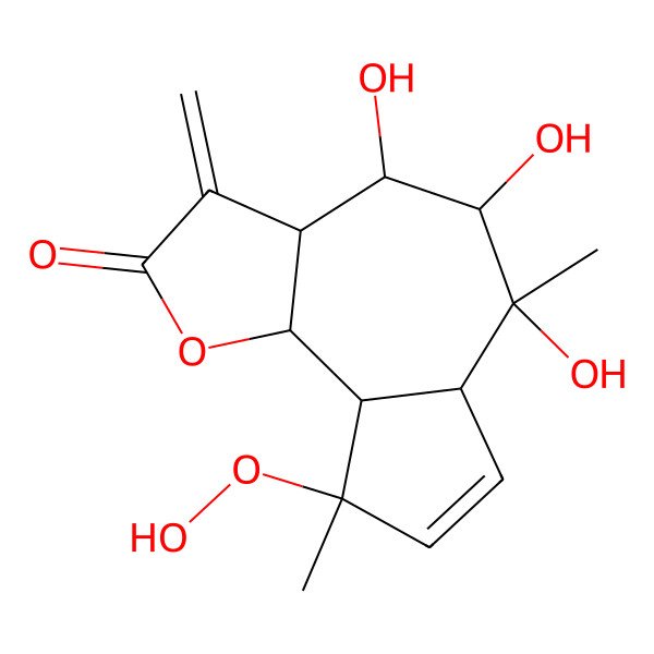 2D Structure of (3aS,4R,5R,6S,6aS,9S,9aS,9bR)-9-hydroperoxy-4,5,6-trihydroxy-6,9-dimethyl-3-methylidene-3a,4,5,6a,9a,9b-hexahydroazuleno[4,5-b]furan-2-one