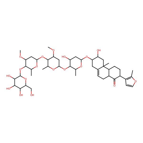 2D Structure of (2S,4aS,4bR,6R,7R,10aR)-6-hydroxy-7-[(2S,4S,5S,6R)-4-hydroxy-5-[(2R,4R,5S,6S)-4-methoxy-5-[(2S,4S,5R,6S)-4-methoxy-6-methyl-5-[(2S,3R,4S,5S,6R)-3,4,5-trihydroxy-6-(hydroxymethyl)oxan-2-yl]oxyoxan-2-yl]oxy-6-methyloxan-2-yl]oxy-6-methyloxan-2-yl]oxy-4b-methyl-2-(2-methylfuran-3-yl)-2,3,4,4a,5,6,7,8,10,10a-decahydrophenanthren-1-one