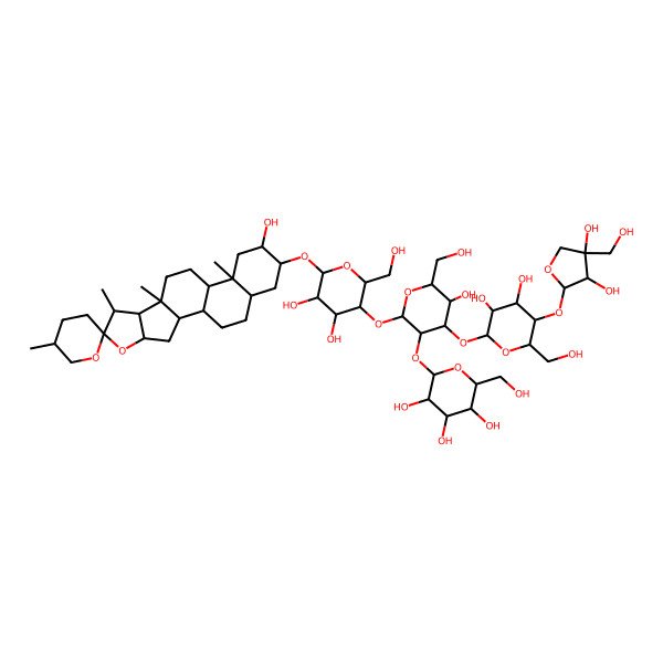 2D Structure of 2-[2-[4,5-Dihydroxy-2-(hydroxymethyl)-6-(15-hydroxy-5',7,9,13-tetramethylspiro[5-oxapentacyclo[10.8.0.02,9.04,8.013,18]icosane-6,2'-oxane]-16-yl)oxyoxan-3-yl]oxy-4-[5-[3,4-dihydroxy-4-(hydroxymethyl)oxolan-2-yl]oxy-3,4-dihydroxy-6-(hydroxymethyl)oxan-2-yl]oxy-5-hydroxy-6-(hydroxymethyl)oxan-3-yl]oxy-6-(hydroxymethyl)oxane-3,4,5-triol