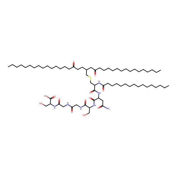 2D Structure of 2-[[2-[[2-[[2-[[4-Amino-2-[[2-(hexadecanoylamino)-3-[5-oxo-2-(2-oxoheptadecyl)icosyl]sulfanylpropanoyl]amino]-4-oxobutanoyl]amino]-3-hydroxypropanoyl]amino]acetyl]amino]acetyl]amino]-3-hydroxypropanoic acid