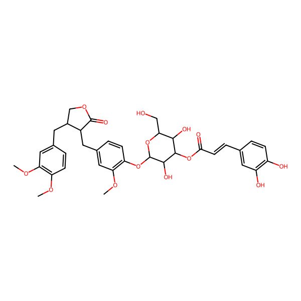 2D Structure of [2-[4-[[4-[(3,4-Dimethoxyphenyl)methyl]-2-oxooxolan-3-yl]methyl]-2-methoxyphenoxy]-3,5-dihydroxy-6-(hydroxymethyl)oxan-4-yl] 3-(3,4-dihydroxyphenyl)prop-2-enoate