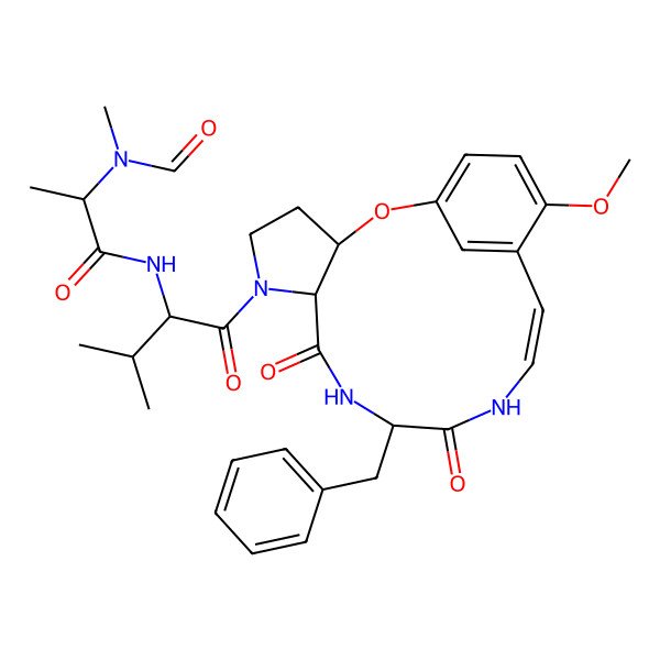 2D Structure of N-[1-(10-benzyl-16-methoxy-8,11-dioxo-2-oxa-6,9,12-triazatricyclo[13.3.1.03,7]nonadeca-1(19),13,15,17-tetraen-6-yl)-3-methyl-1-oxobutan-2-yl]-2-[formyl(methyl)amino]propanamide