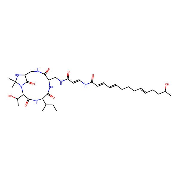 2D Structure of (2E,4E,9E,13R)-N-[(E)-3-[[(2S,5S,8R,12S)-5-[(2S)-butan-2-yl]-2-[(1R)-1-hydroxyethyl]-14,14-dimethyl-3,6,9,15-tetraoxo-1,4,7,10,13-pentazabicyclo[10.2.1]pentadecan-8-yl]methylamino]-3-oxoprop-1-enyl]-13-hydroxytetradeca-2,4,9-trienamide